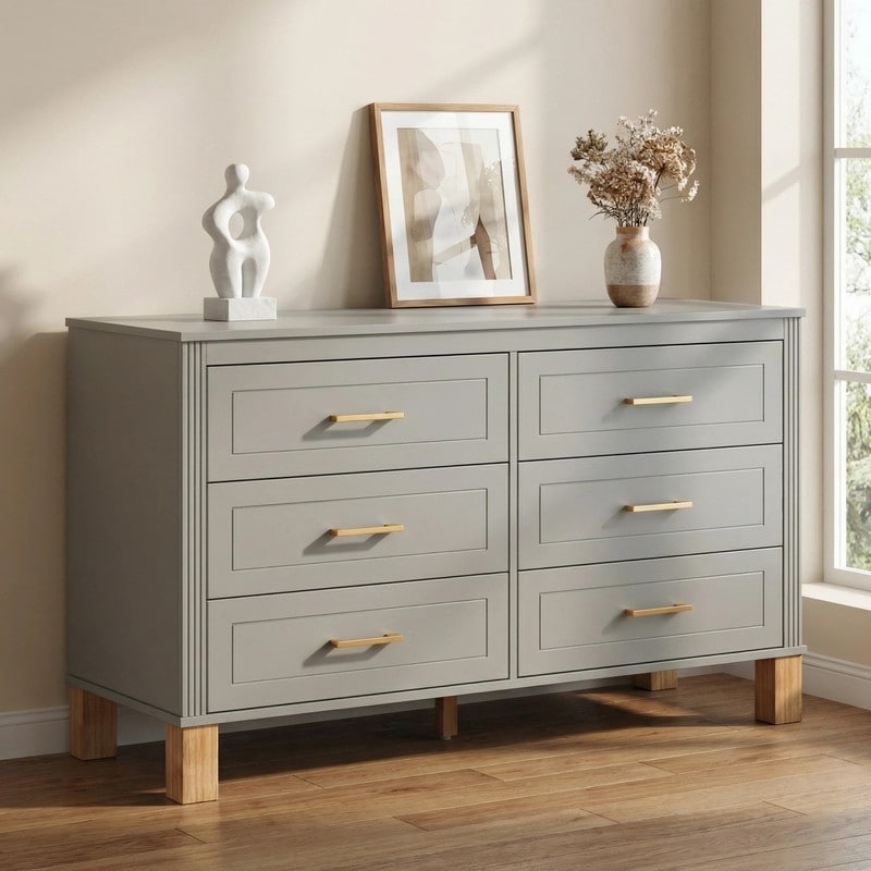 6 Drawer Double Dresser Modern Mid Century Style Storage Cabinet with Metal Handles and Solid Wood Legs for Bedroom Gray