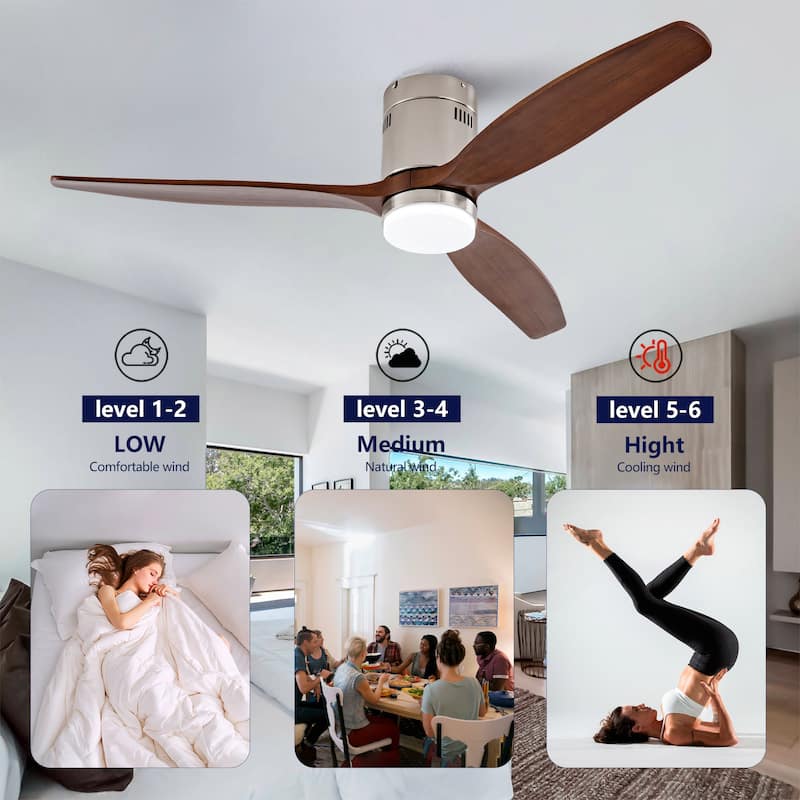 Hot sales 52 Inch Modern Ceiling Fan ,3 Color Dimmable 5 Solide Wood Blades Remote Control Reversible DC Motor With Led Light