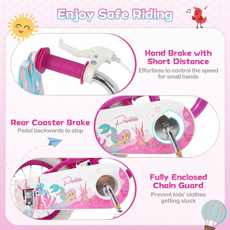 Gymax 16'' Kids Bike w/Training Wheels Hand Coaster Brakes Adjustable - Rose Red