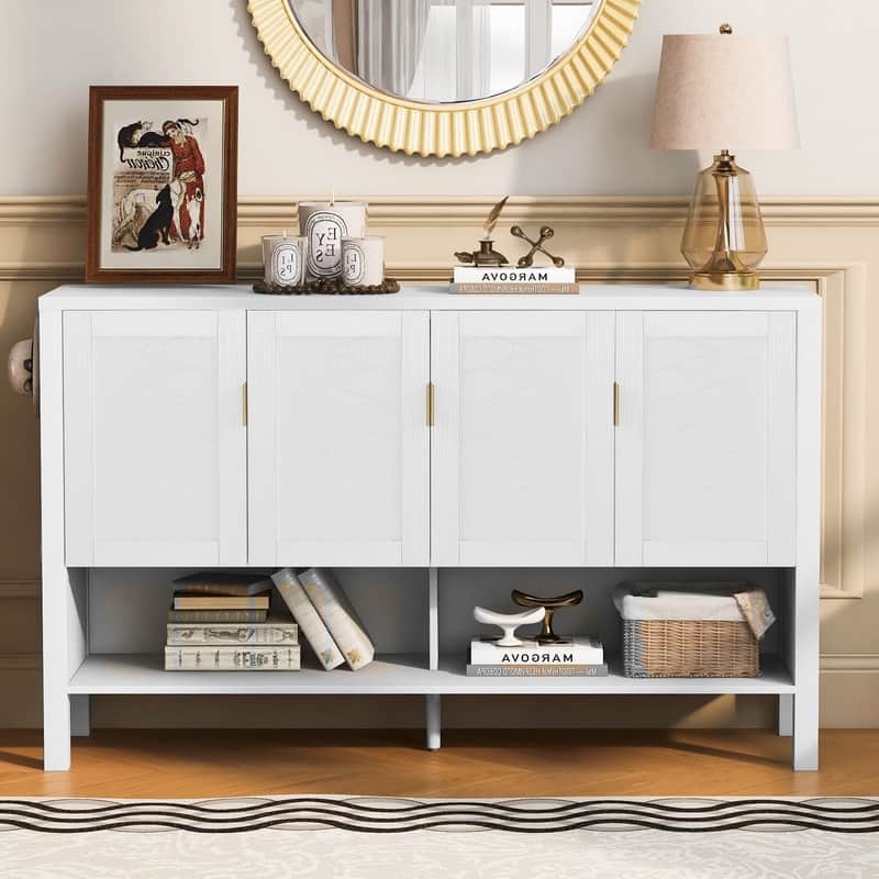 Modern 55.1" Storage Sideboard with 4-Doors, Multi Functional Buffet Table with Open Shelf and Adjustable Shelves - White