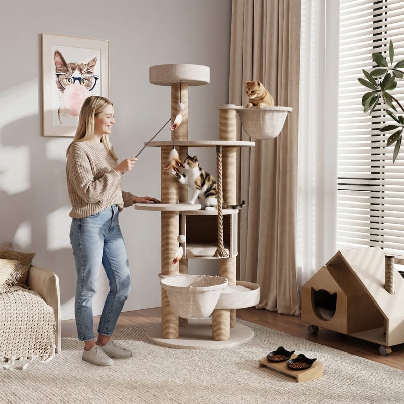 64"H Cat Tree Tower with Scratching Posts and Toys, Multi-Function Cat House for Indoor Cats - 64"