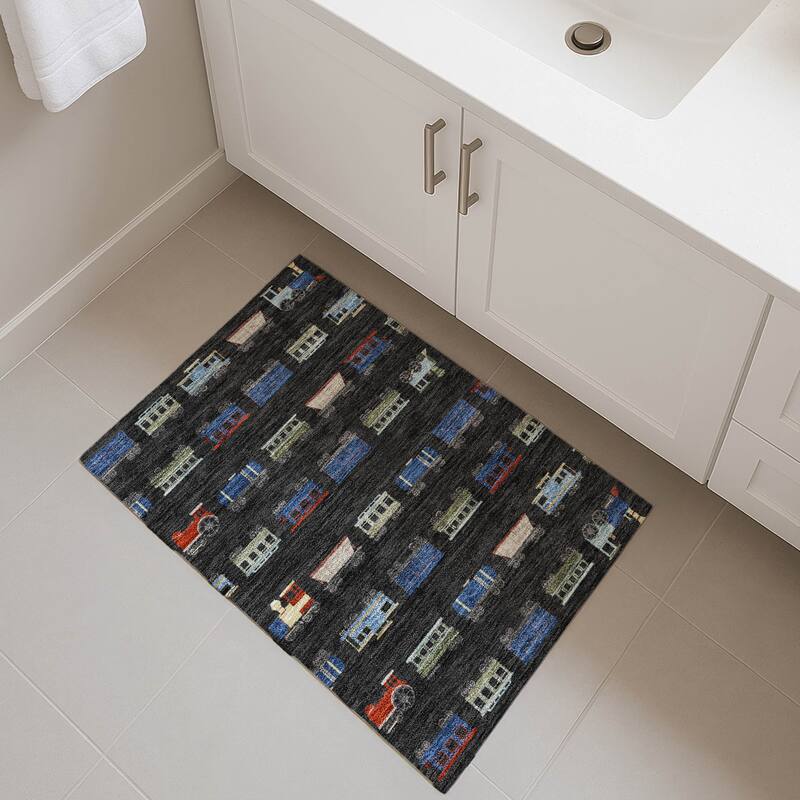 Machine Washable Indoor/ Outdoor Modern Train Chantille Rug