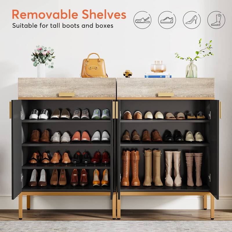 Modern Shoe Cabinet with Drawers, 4-Tier Shoe Rack Storage Organizer with Removable Shelves, Gray/Gold