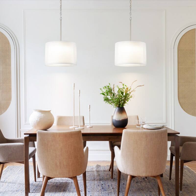 Modern 1-Light Double Fabric LED Pendant Light, 18W Warm 3000K, Satin Nickel/White for Dining Room - 1 Light