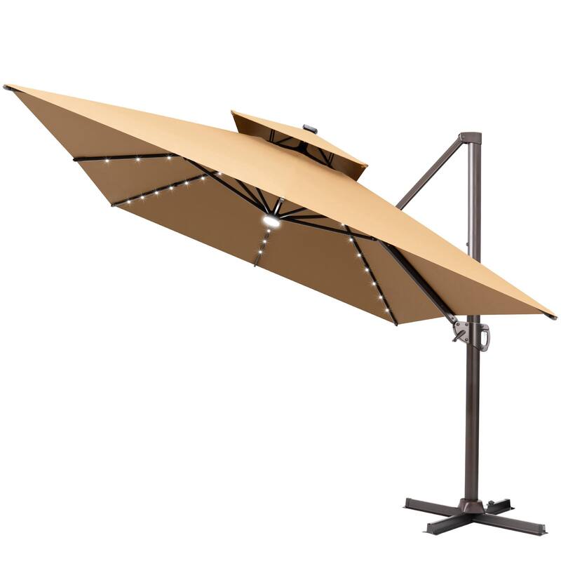 10 FT x 13 FT Outdoor LED Lighted Double Top Patio Cantilever Umbrella - Tan