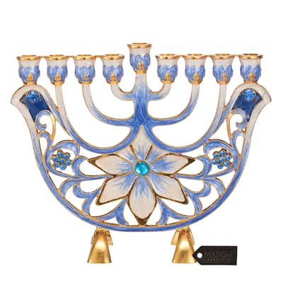 Hand Painted Blue & Ivory Flower Menorah Candelabra