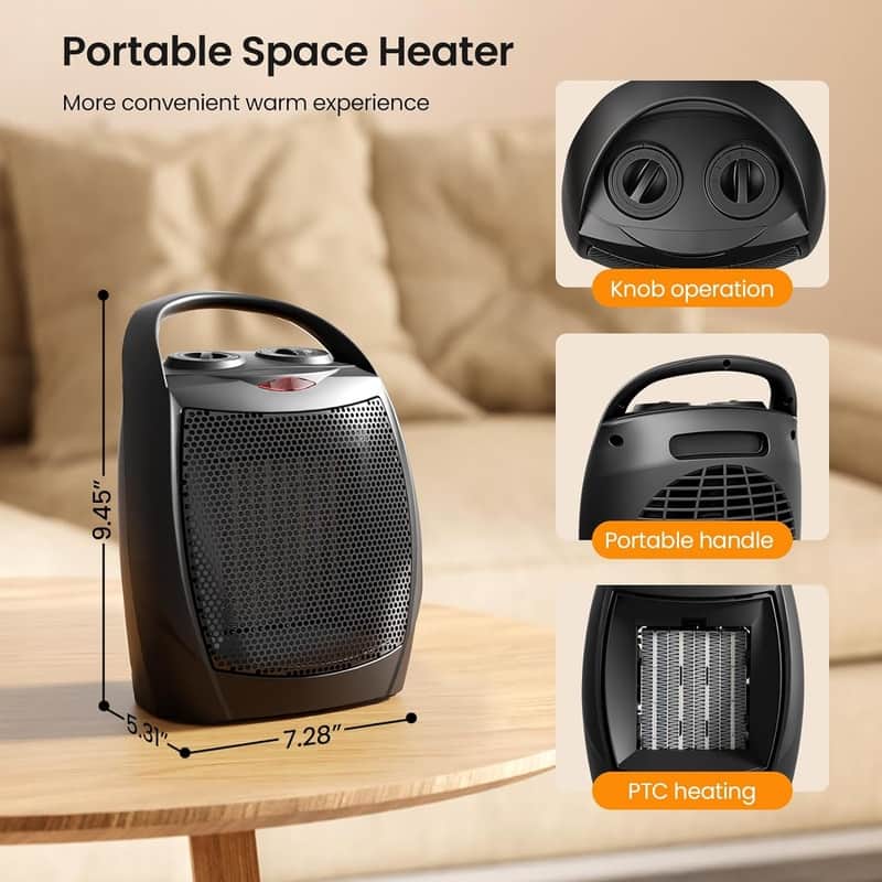 Small Space Heater, Portable 950W/1500W Ceramic Space Heater for Indoor Use, Overheat and Tipover Protection