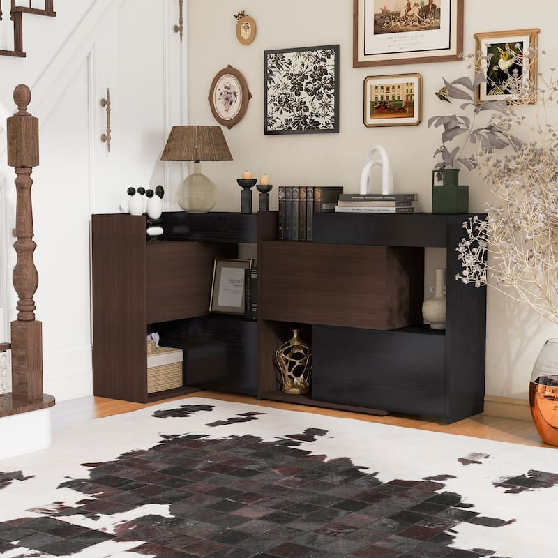 Storage Cabinet with Adjustable Extendable, Buffet Sideboard with Drawer, Two-Tone Design Bookcase Corner Cabinet