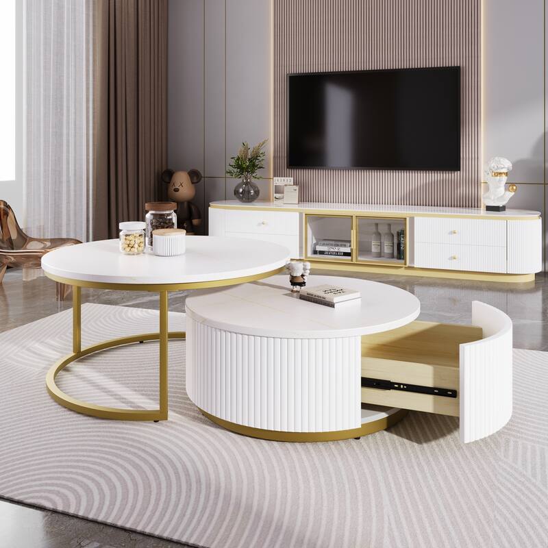 Round Nesting Coffee Table Fluted with Drawer