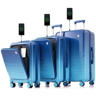 3 Piece High Quality ABS+PC Hard Carry on Suitcase with USB Port and Cup Holder & Spinner Wheels, for Men Women Travel