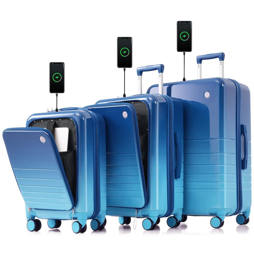 3 Piece High Quality ABS+PC Hard Carry on Suitcase with USB Port and Cup Holder & Spinner Wheels, for Men Women Travel