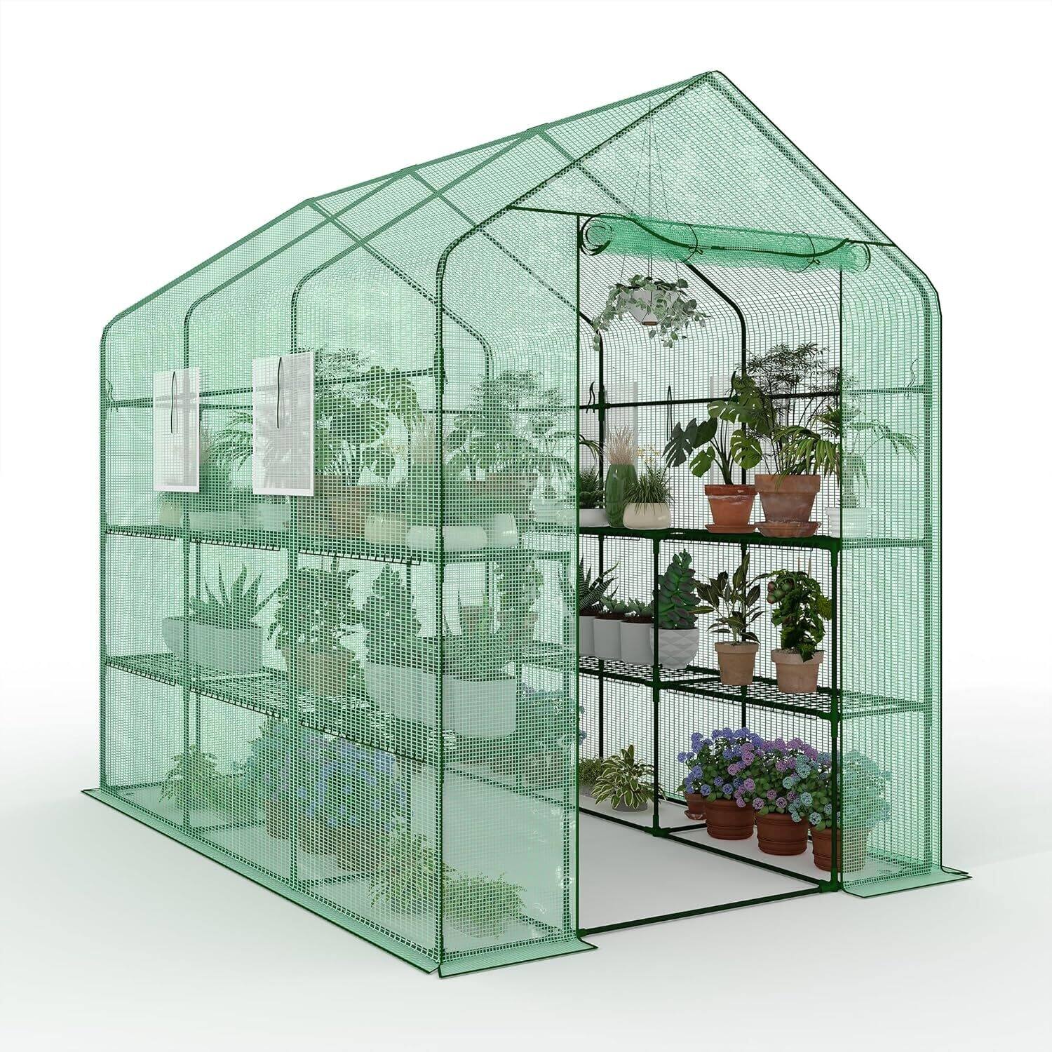 57" w x 85" l x 77" h 3-Tier Heavy Duty Walk-in Garden Portable Greenhouse for Outdoor Plants, Green