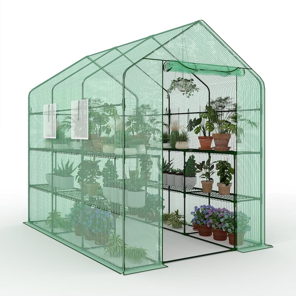 57" w x 85" l x 77" h 3-Tier Heavy Duty Walk-in Garden Portable Greenhouse for Outdoor Plants, Green