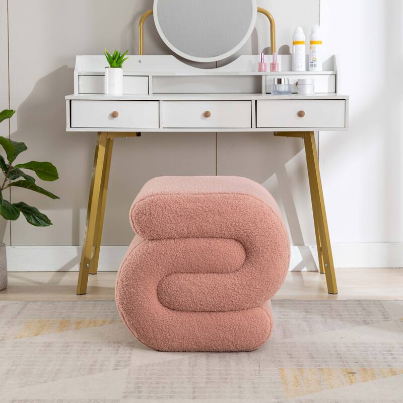 S-shape Ottoman Makeup Stool Footstool （Teddy/Velvet） - Pink Teddy