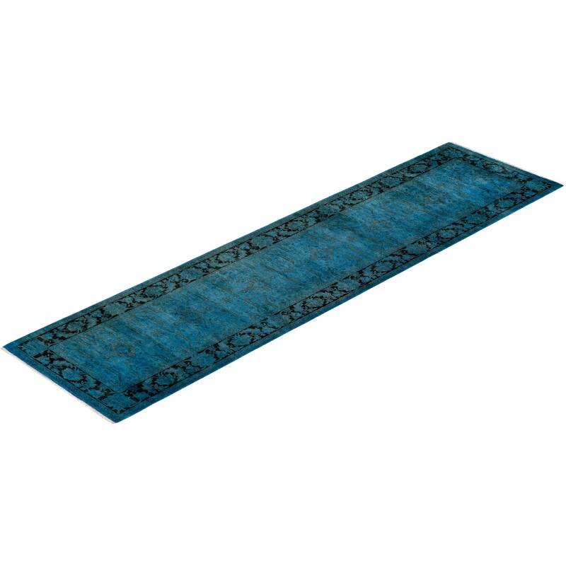 Overton Hand Knotted Wool Vintage Inspired Modern Contemporary Overdyed Blue Runner Rug - 2' 8" x 10' 4"