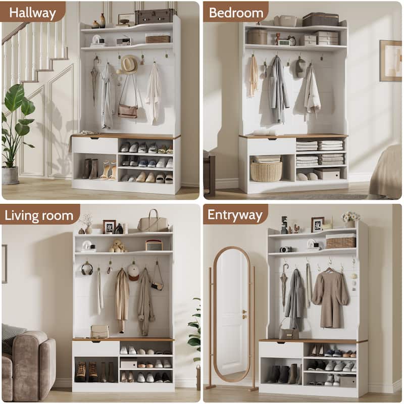 Hall Tree with Bench and Shoe Storage, 5 in 1 Entryway Organizer with Flip Shoe Cabinet, Hooks and Drawer