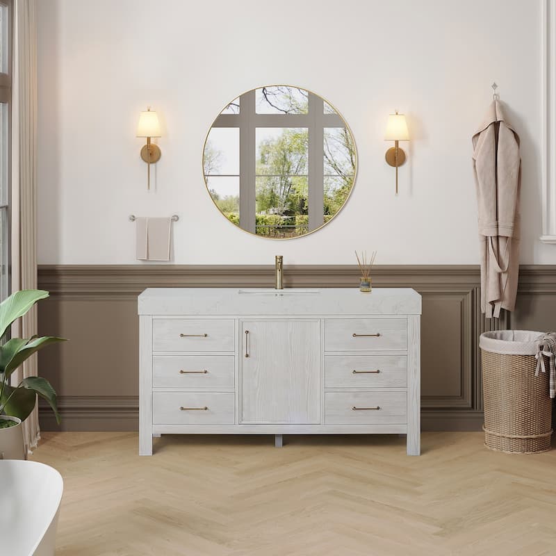 Leon 60 in. Single Bathroom Vanity with Composite Stone Top - 60 in. - Washed White - No Mirror
