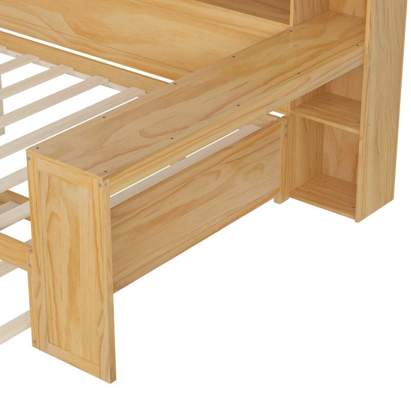 Wooden Daybed Platform Bed with Recessed Desk Storage Shelves and Twin Size Trundle Bed Under Bed for Compact Spaces, Bedroom
