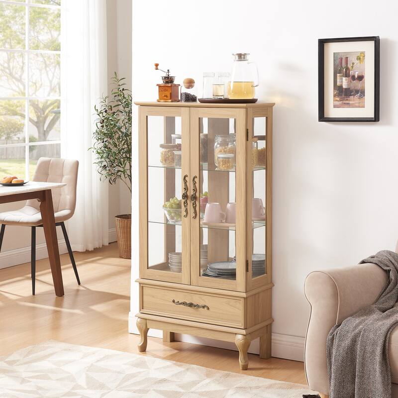 Lighted Curio Cabinet, Multipurpose Glass Display Cabinet, Corner China Cabinet with Adjustable Shelves, 2 Doors & 1 drawer