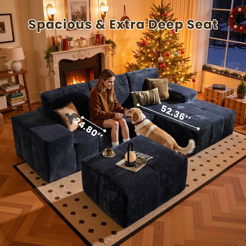 HOOOWOOO Modern Sparkly Velvet Fabric Chaise Sofa Couch with Ottoman