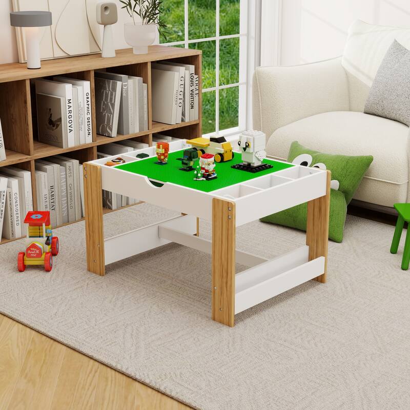 Anmytek Modern Kids 2 in 1 Play Table with 7 Storage Compartments for Building Blocks White