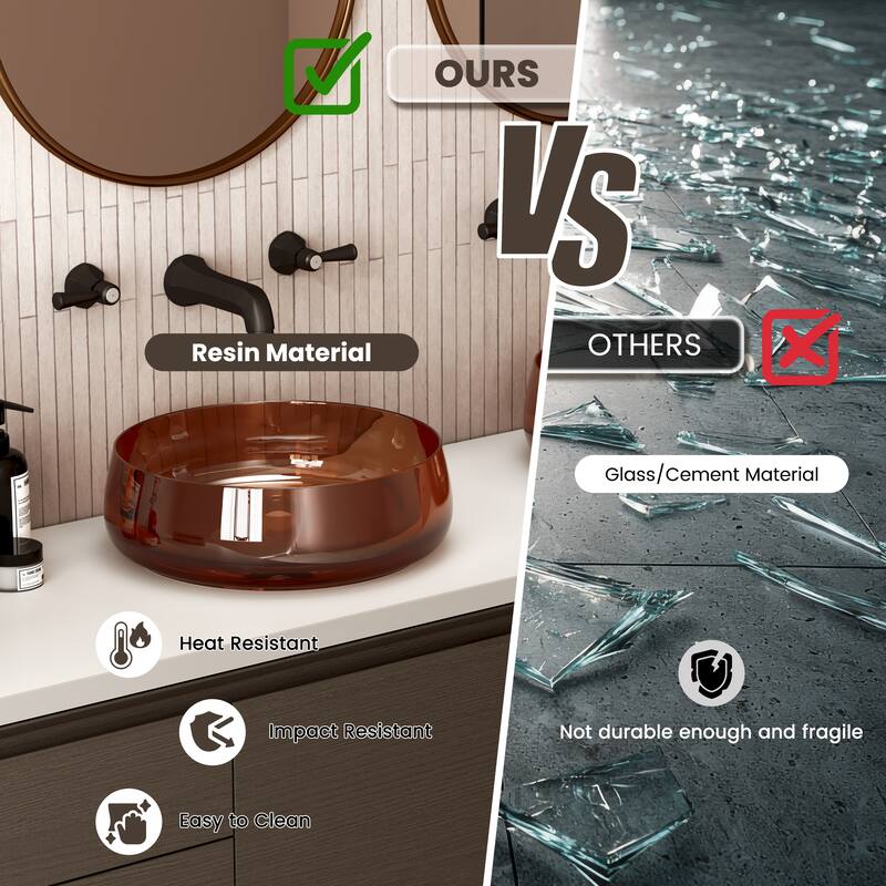 Transparent Resin Vessel Bathroom Sink Included Pop-up Drain and Drain Hose, Modern Above Counter Wash Basin with Center Drain