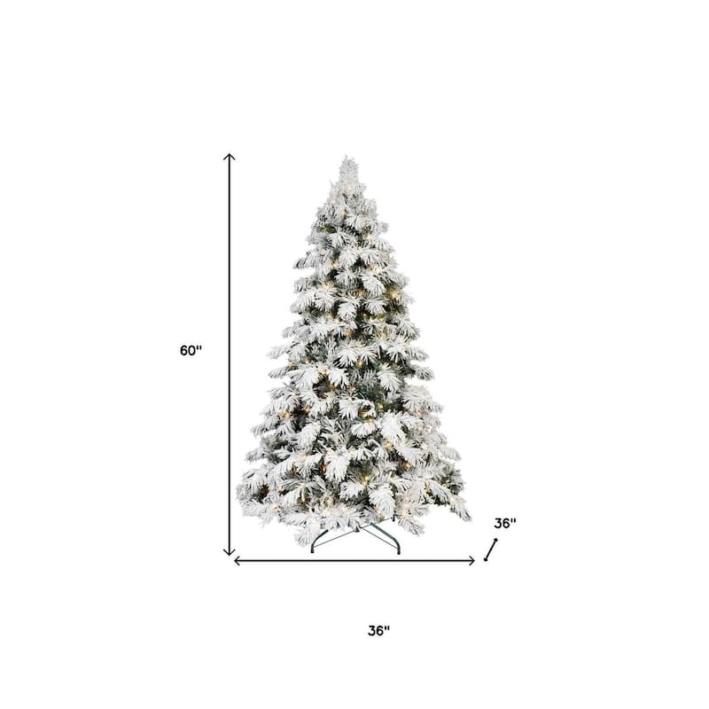 HomeRoots 5' White Pre Lit Full Flocked Fir Christmas Tree - Green - 36.00 in. x 60.00 in. x 36.00 in.