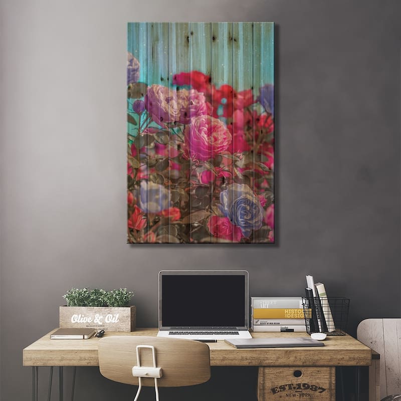 Pink And Violet Roses Print On Wood by Edurne Andoño - Multi-Color ...