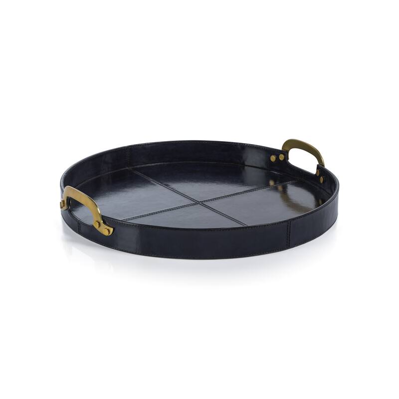 Harlow Leather with Brass Handles Round Tray - 20" - Dark Blue