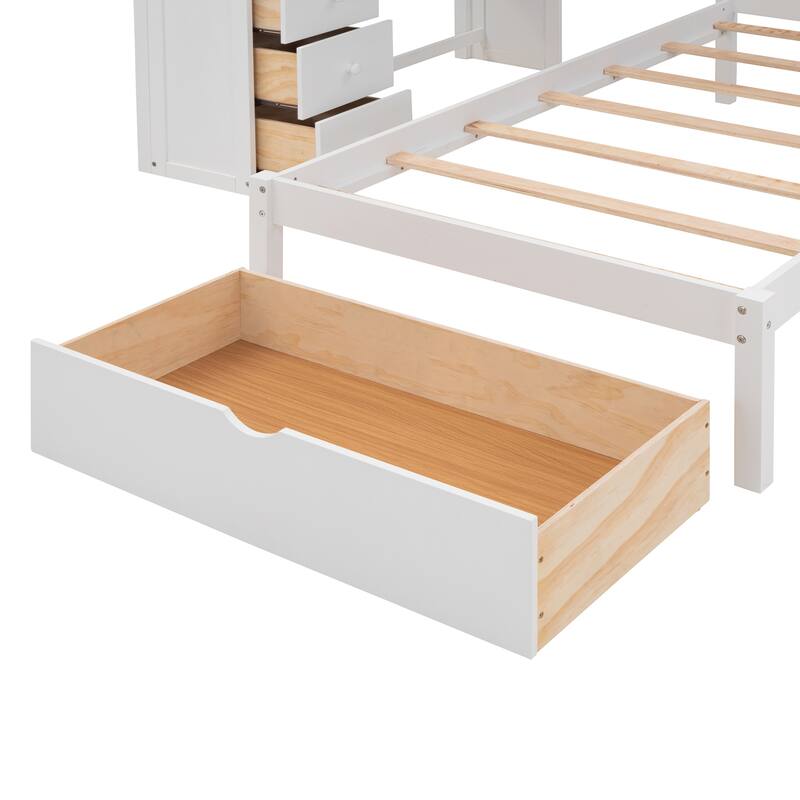 Full Over Twin Bunk Bed with Desk, Drawers, and Shelves in White
