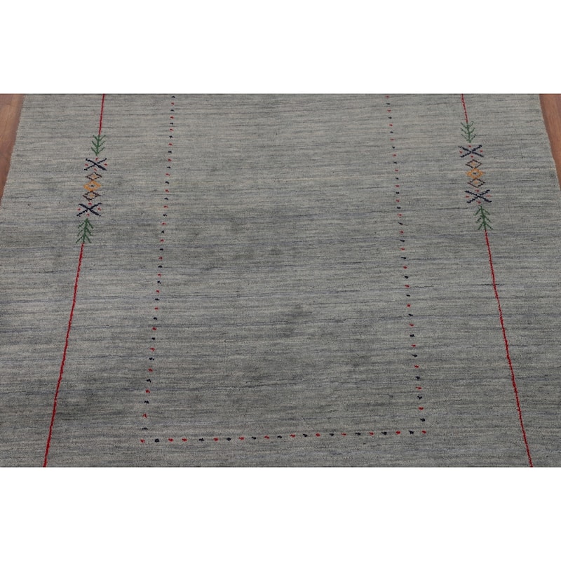 Gray & Green Striped Gabbeh Indian Area Rug Hand-Knotted Wool Carpet - 4'11"x 7'10"