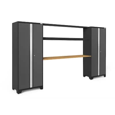 NewAge Products Bold Series 132" W x 18" D Gray 4-Piece Cabinet Set with 72" Integrated Display Shelf
