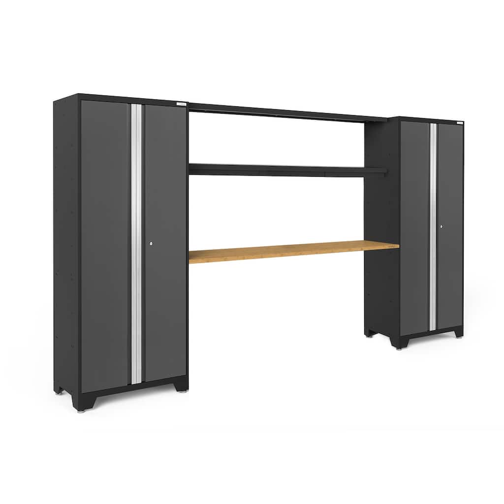 NewAge Products Bold Series 132" W x 18" D Gray 4-Piece Cabinet Set with 72" Integrated Display Shelf