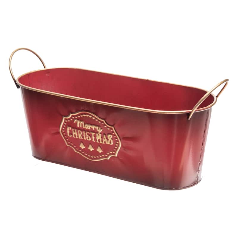 Metal Embossed Red Oval Planter With Handle (13