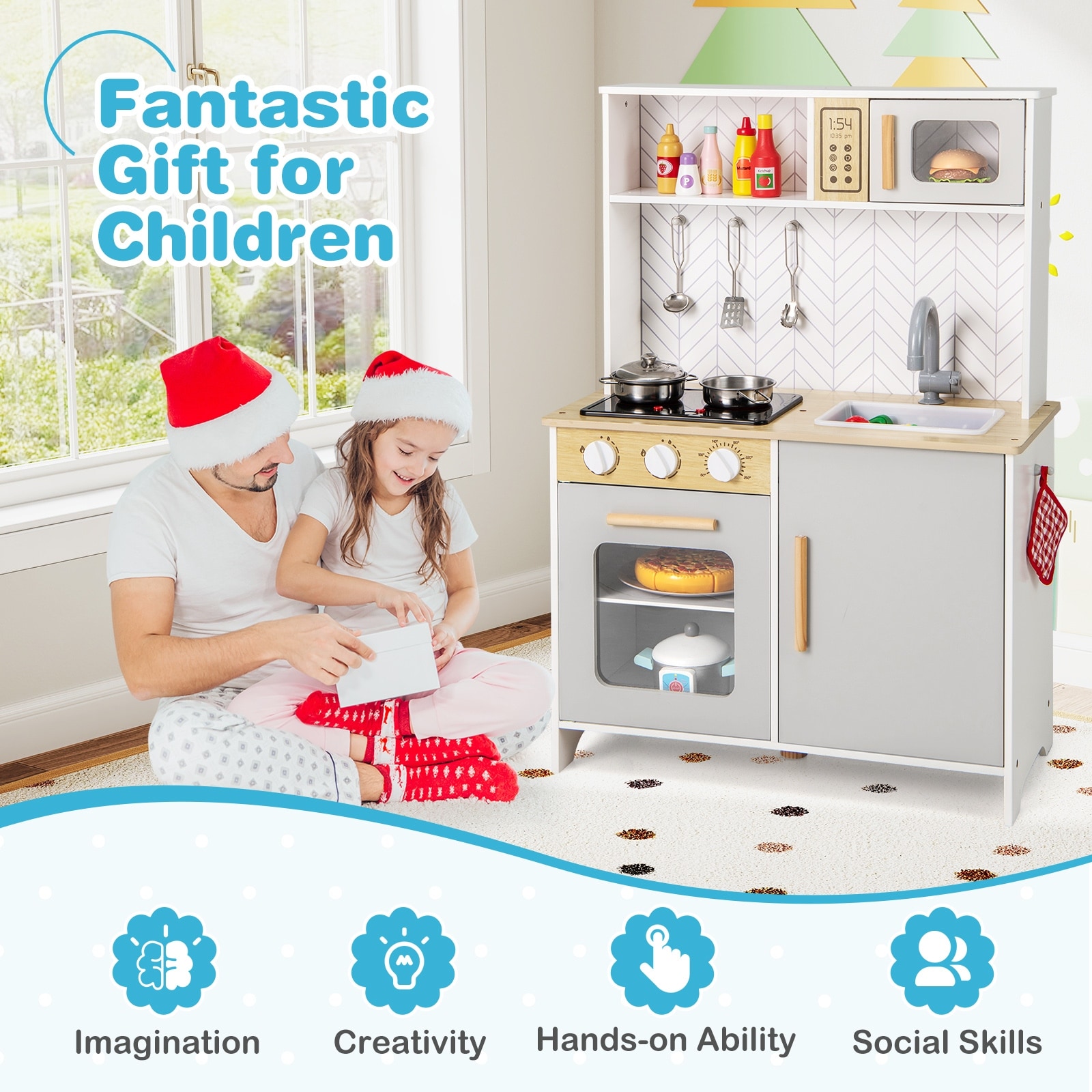 Wooden Kitchen Toy Set with Stove, Sink and Cooking Accessories