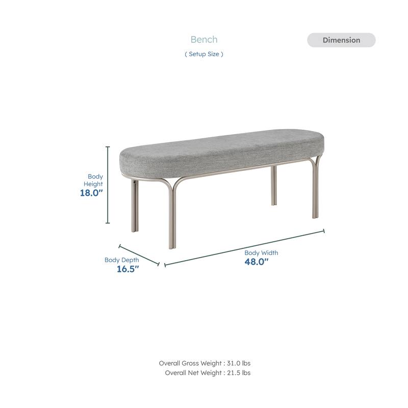 Wexford 48" Chenille Fabric Bench - Champagne Finish Iron Metal Frame