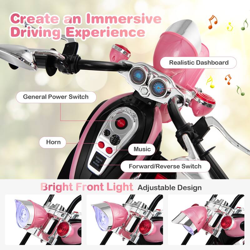 6V Powered Toddler 3-Wheel Motorbike Ride On Toy with Horn and Headlight - 36" x 19" x 25" (L x W x H)