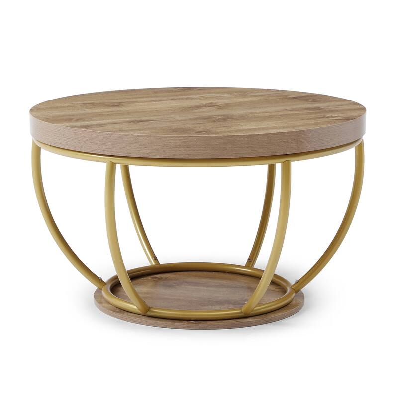 31" Round Industrial Coffee Table with 2-Tier Storage Shelves, Modern Wood & Golden Metal Accent Center Table