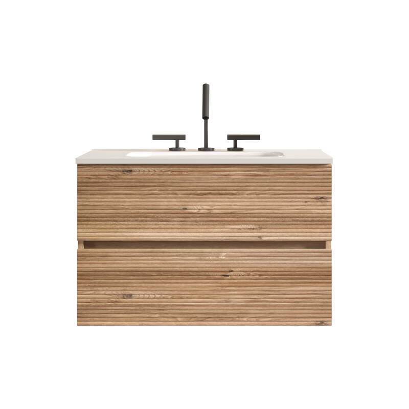 GDFStudio - Gloria Modern Wall-Mounted Floating Bathroom Vanity with Integrated Ceramic Basin & Soft-Close Drawers