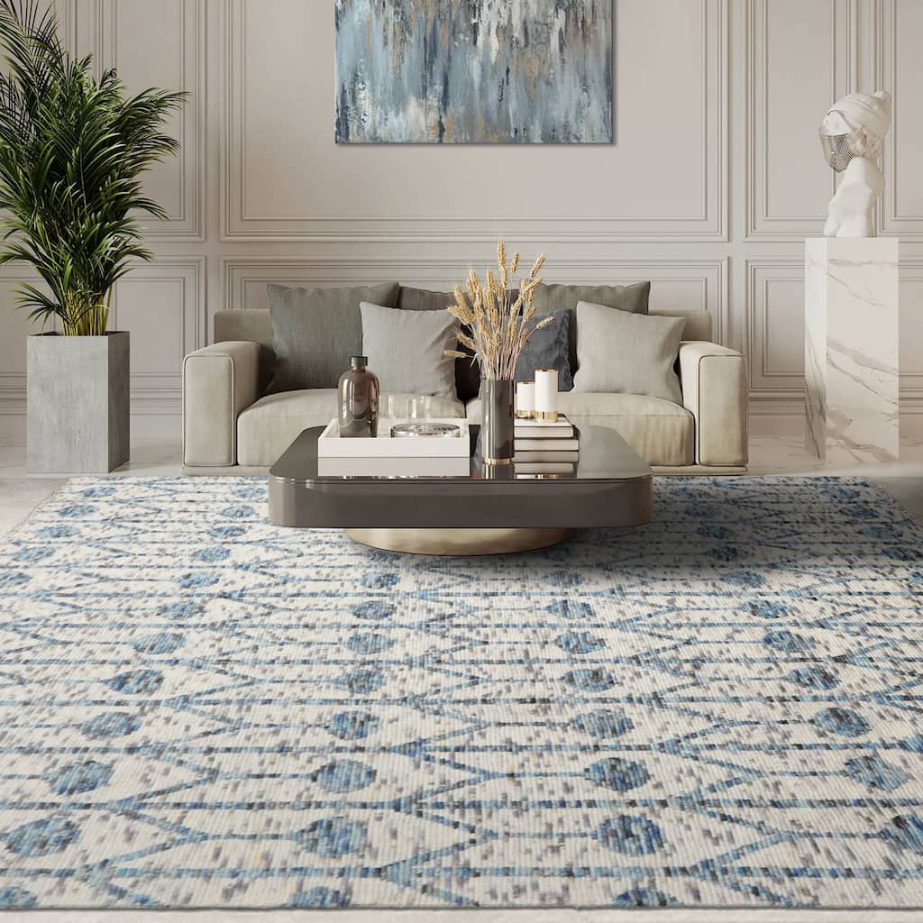 Hand Knotted Off White, Gray Oushak Wool Modern Oriental Area Rug - 8' 3'' x 10' 3''