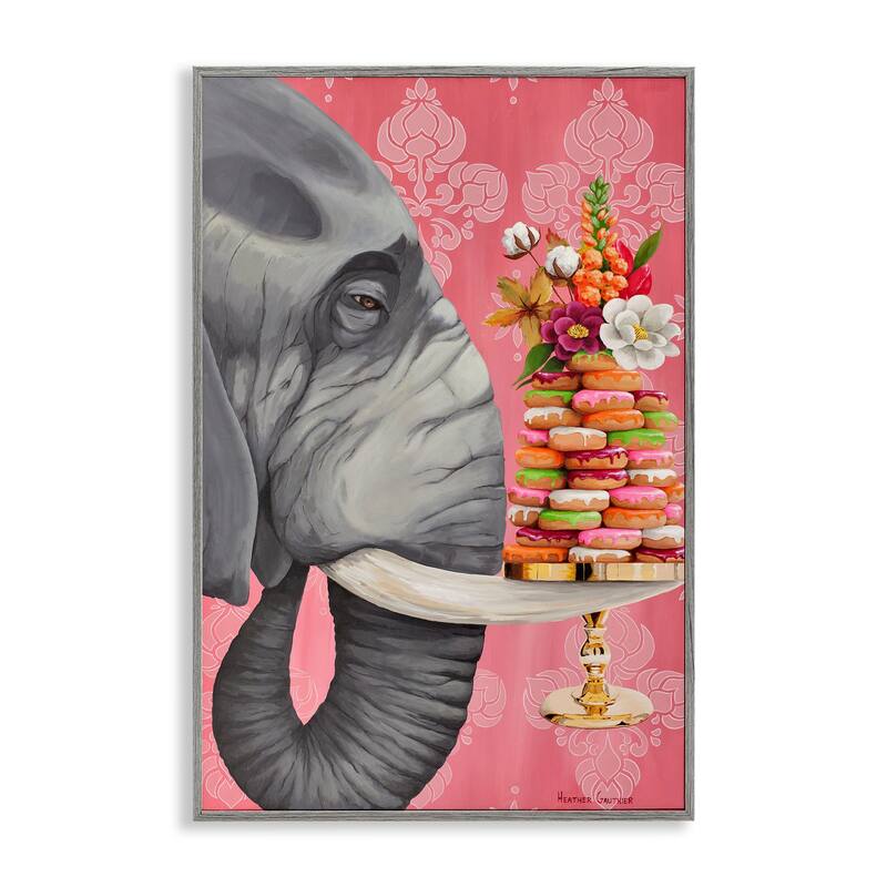 Stupell Elephant & Stacked Desserts Framed Giclee Art Design By Heather Gauthier - 12 x 18 - Grey