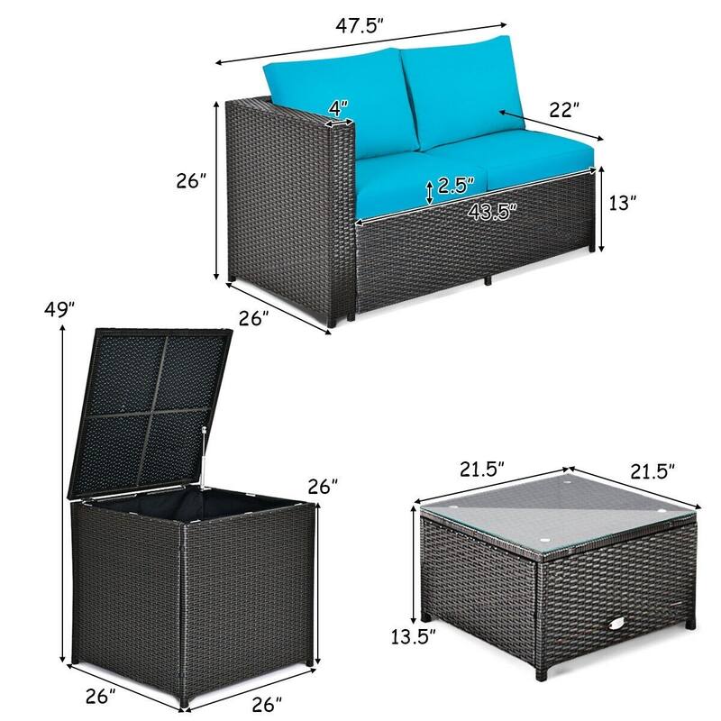 4 Pcs Outdoor Patio Rattan Furniture Set with Cushioned Loveseat and Storage Box