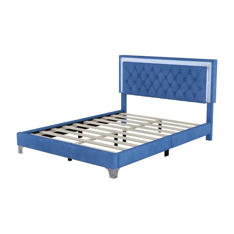 Queen Size Upholstered Bed Frame with LED Lights,Modern Velvet Platform
