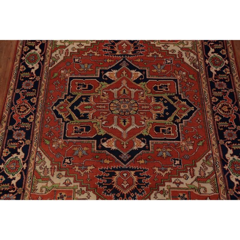Orange Medallion Heriz Serapi Indian Area Rug Handmade Wool Carpet - 9'0"x 11'11"