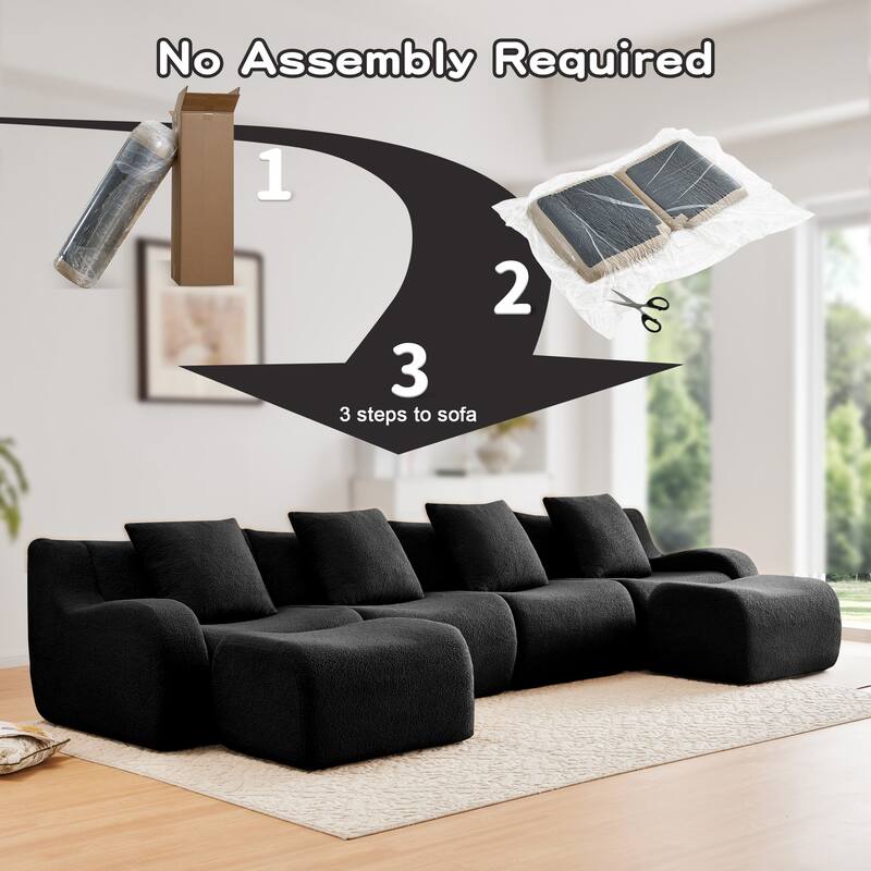 118" Modern U Shaped Modular Sectional Sofa, Boneless Couches for Living Room with Ottoman, 4 Seater Teddy Fabric Couch Sofa Set