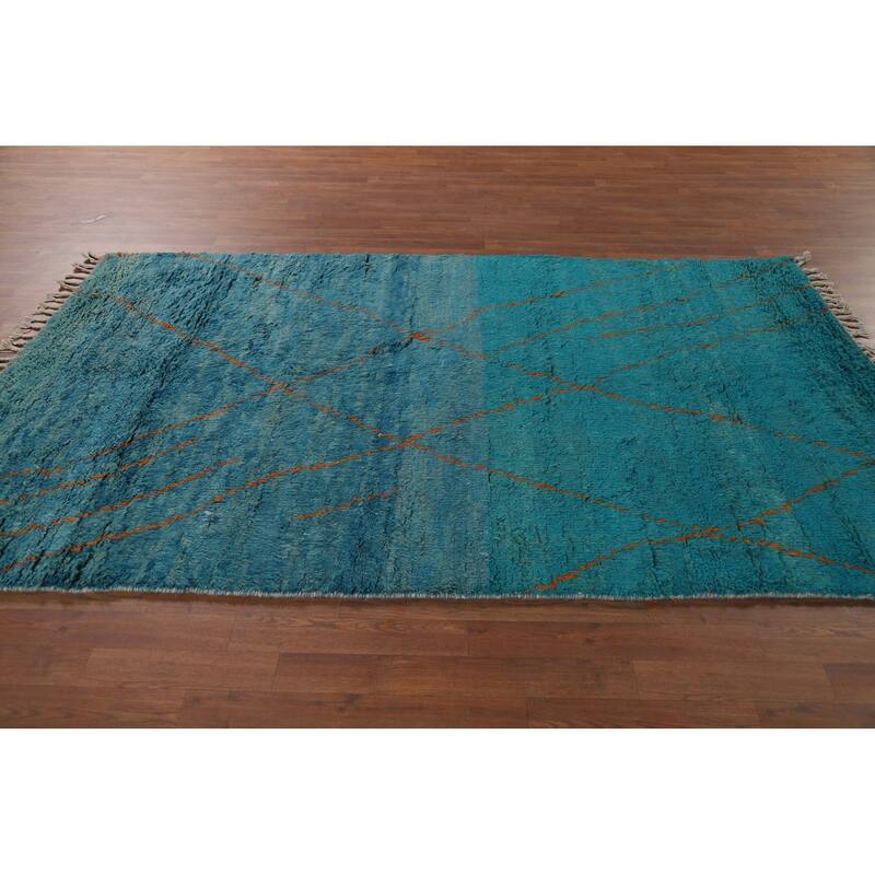 Blue Moroccan Oriental Area Rug Hand-Knotted Trellis Wool Carpet - 5'0" x 8'0"
