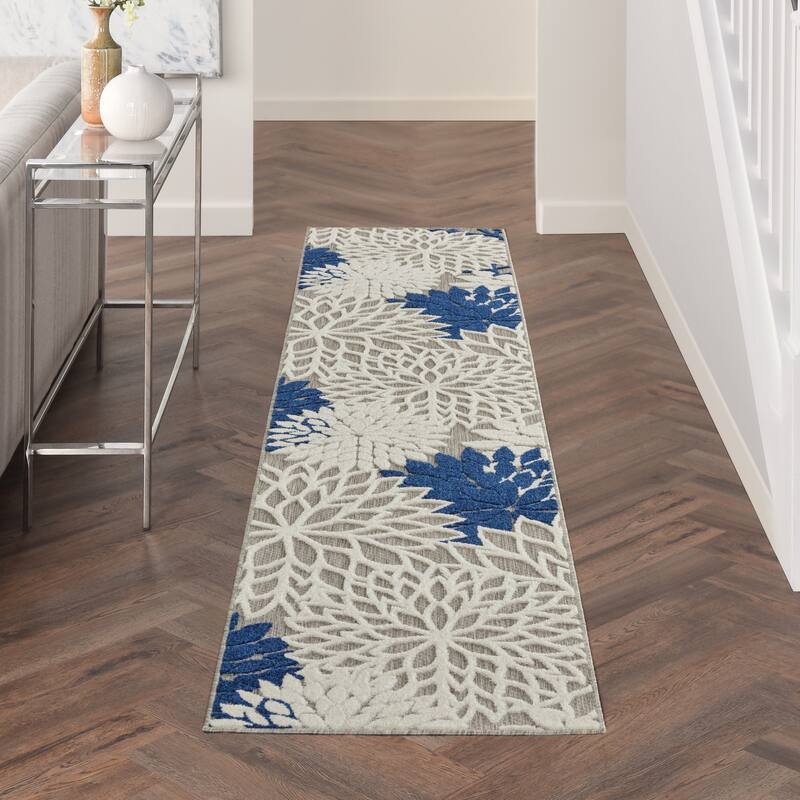 Nourison Aloha Floral Modern Indoor/Outdoor Area Rug - 2'3" x 12' Runner - Ivory/Navy