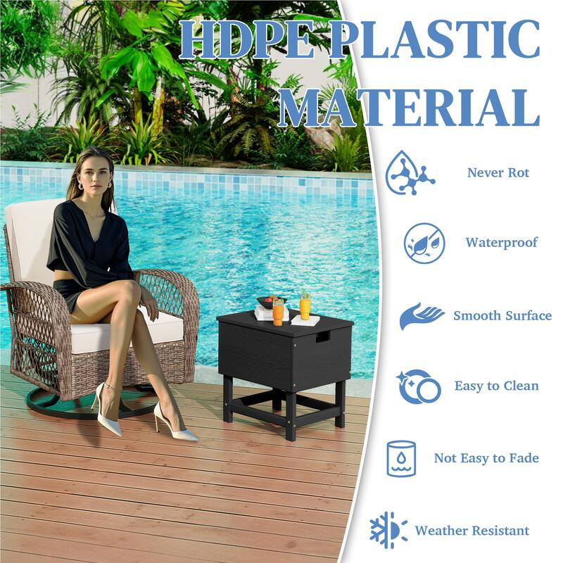 Outdoor Patio Weather Resistant HDPE Coffee & Side Table, Build-in Stainless Steel Cooler Bucket