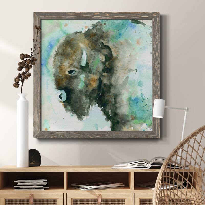 Buffalo On Blue-Premium Framed Canvas - Ready to Hang
