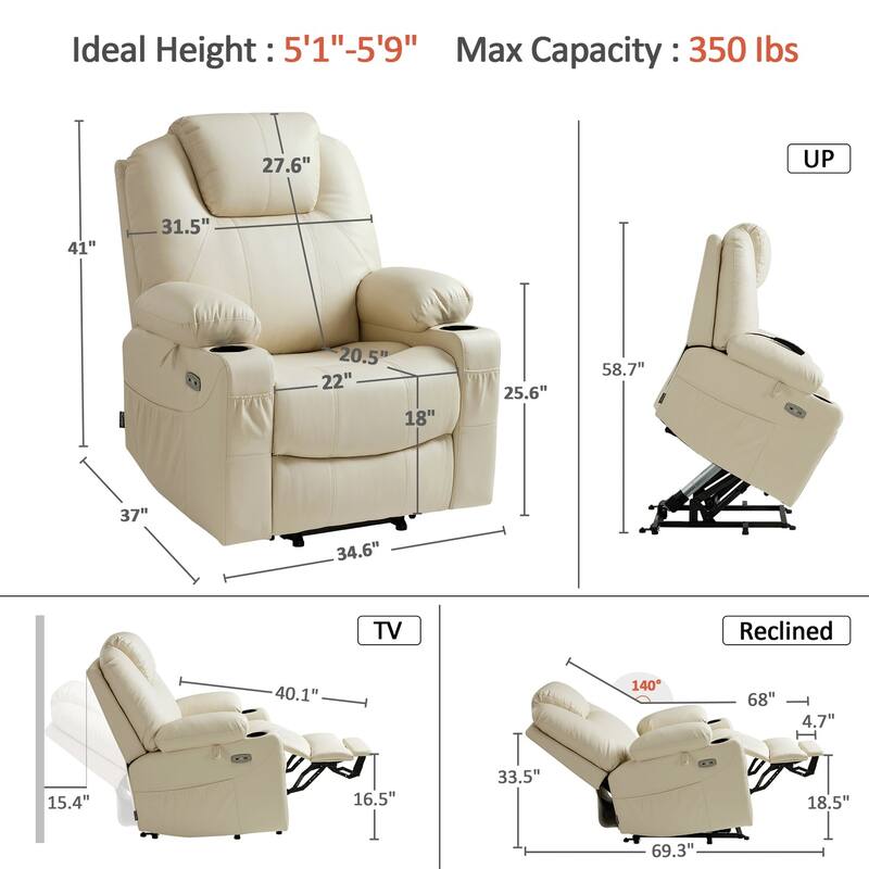 MCombo Electric Power Lift Recliner Chair Sofa with Massage and Heat, 3 Positions, USB Ports, Faux Leather 7040